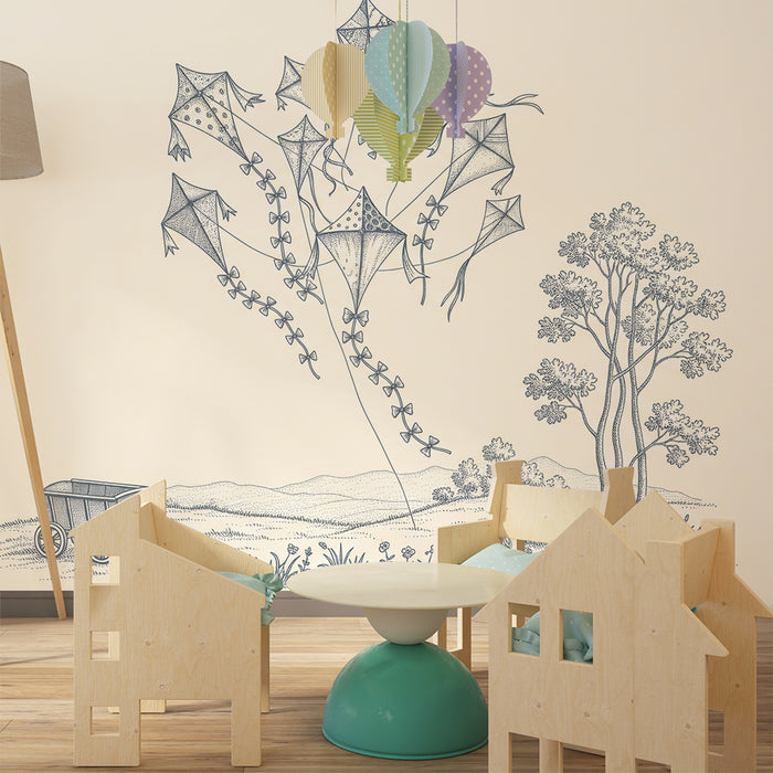 **Tapete Kinderzimmer | Bunte Drachen in ländlicher Landschaft**