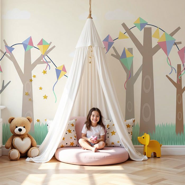 Behang kinderkamer | Kleurrijke vliegers in een zacht boslandschap