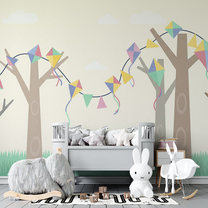 Behang kinderkamer | Kleurrijke vliegers in een zacht boslandschap