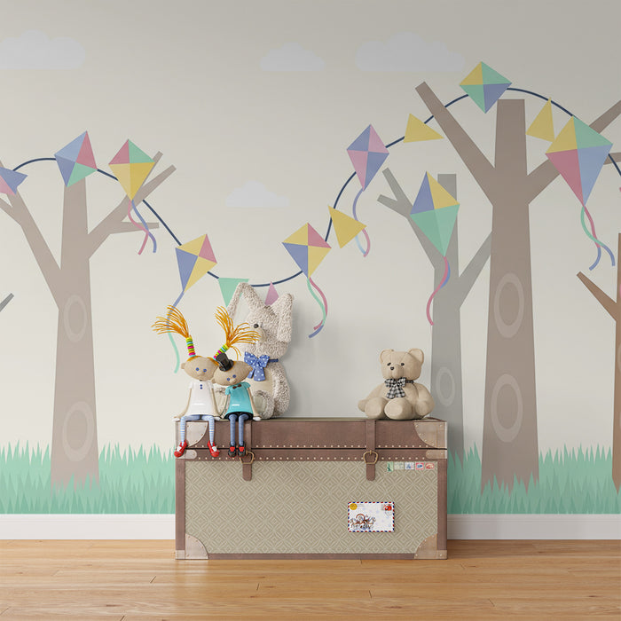 Behang kinderkamer | Kleurrijke vliegers in een zacht boslandschap