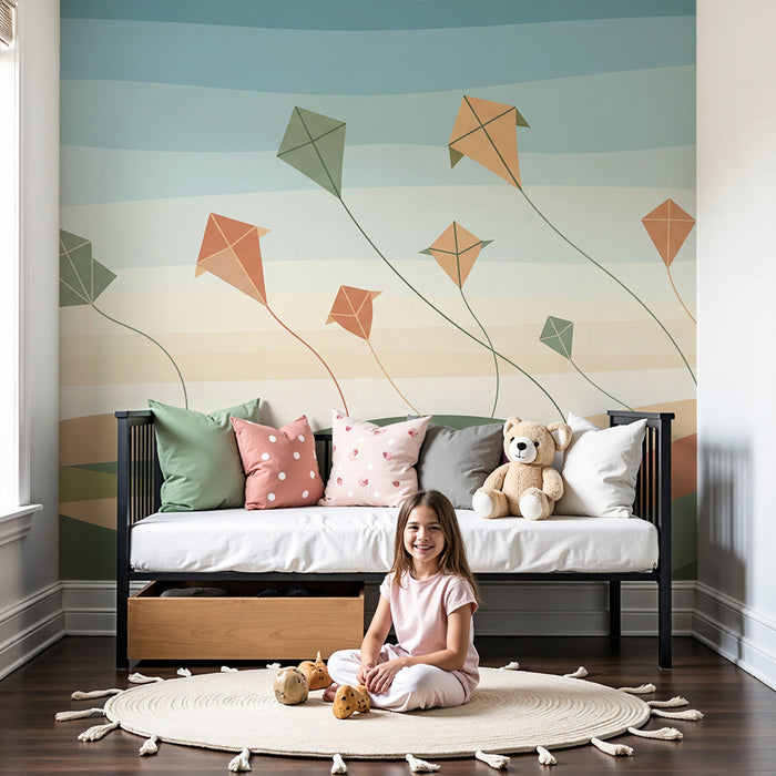 Kids' Room Wallpaper | Colorful Kites in a Soft Landscape