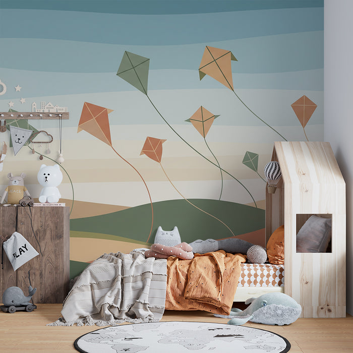 Kids' Room Wallpaper | Colorful Kites in a Soft Landscape