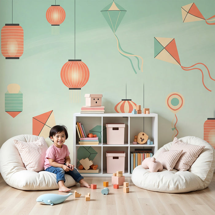 Kids room wallpaper | Värvilised tuulelohed ja laternad rahustaval taevas