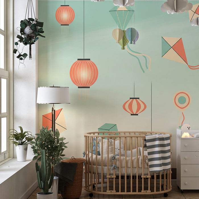 Kids room wallpaper | Värvilised tuulelohed ja laternad rahustaval taevas