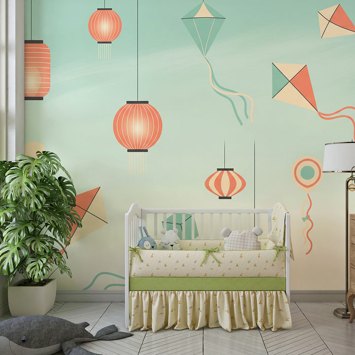 Kids room wallpaper | Värvilised tuulelohed ja laternad rahustaval taevas