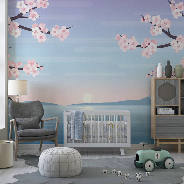 Papel de parede criança | Cerejeiras em flor à beira de um lago tranquilo