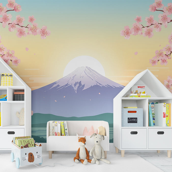 Detská izba tapeta | Kvetúce čerešne s horou Fudži pri západe slnka