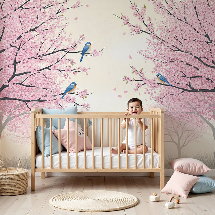 Papel de parede quarto infantil | Cerejeiras em flor com pássaros azuis e pétalas a cair