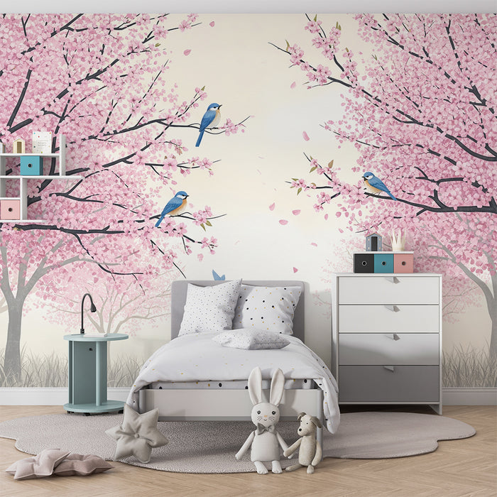 Papel de parede quarto infantil | Cerejeiras em flor com pássaros azuis e pétalas a cair