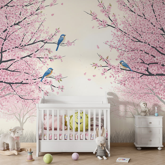 Papel de parede quarto infantil | Cerejeiras em flor com pássaros azuis e pétalas a cair