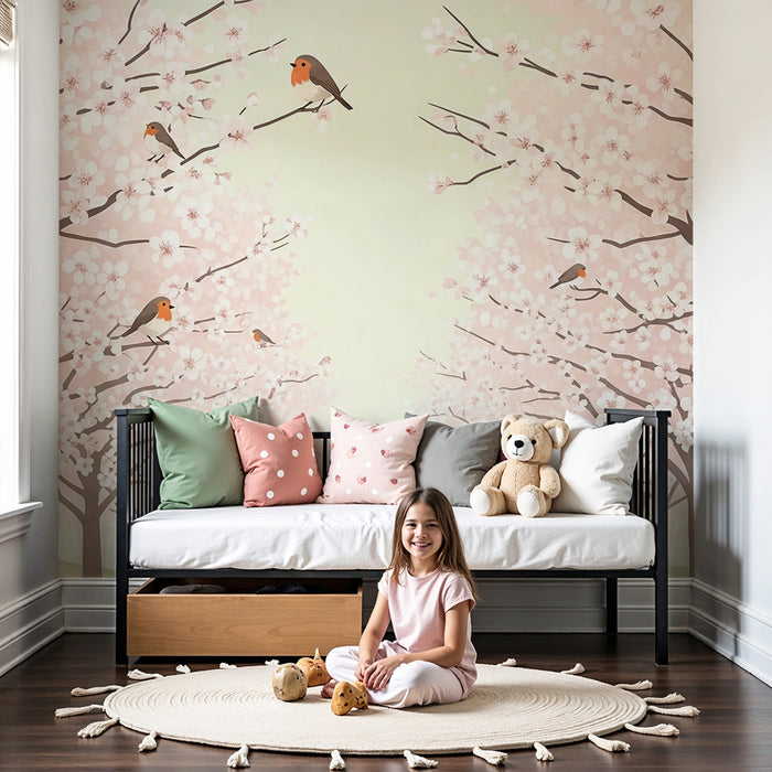 Papel pintado infantil | Cerezos en flor con pájaros cantores