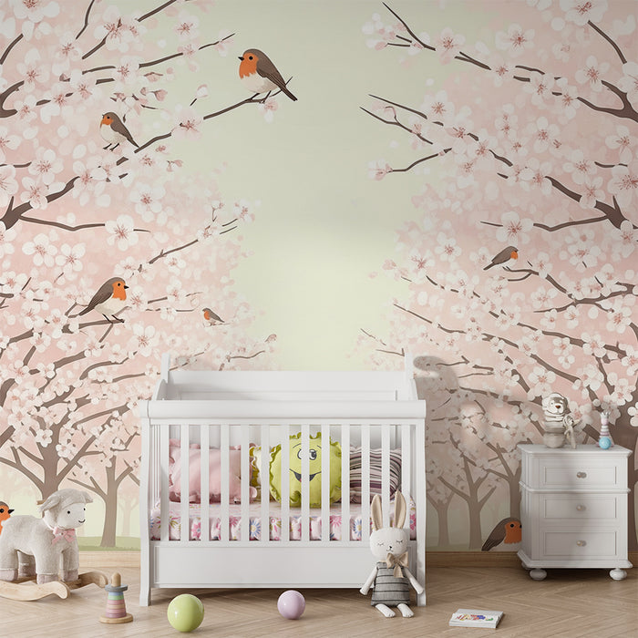 Papel pintado infantil | Cerezos en flor con pájaros cantores