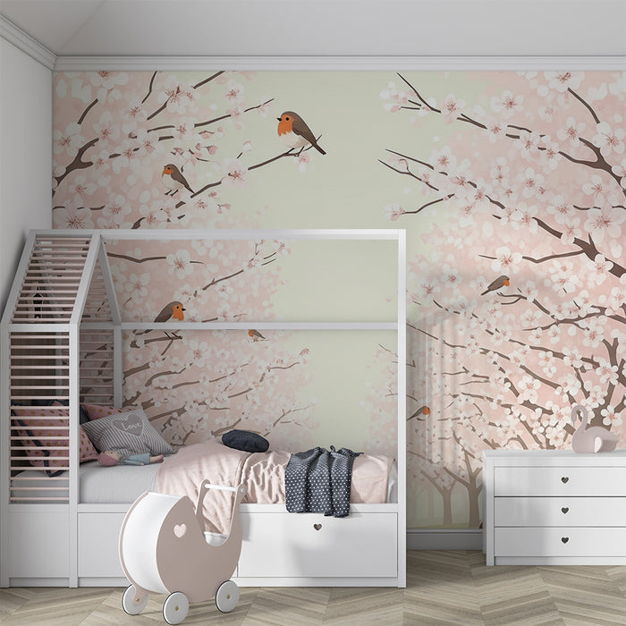Papel pintado infantil | Cerezos en flor con pájaros cantores