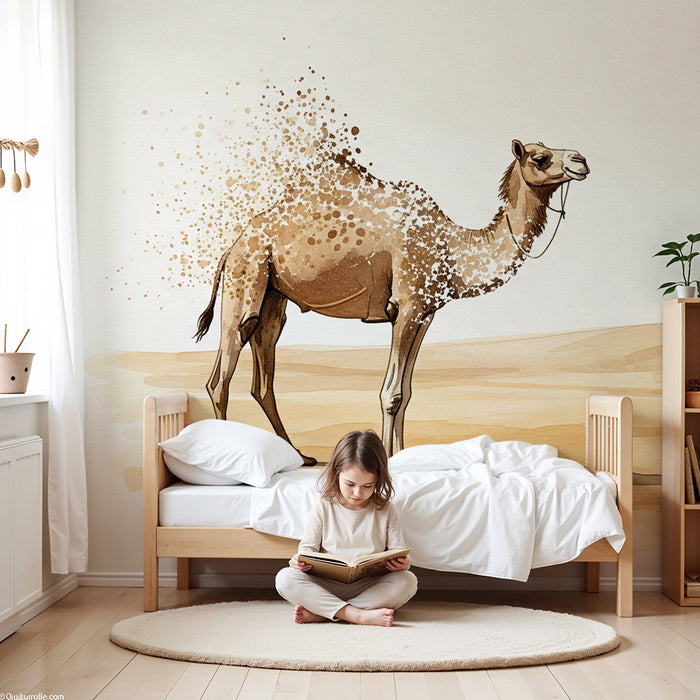 Papier peint chambre enfant | Chameau dans le désert avec éclats de couleur