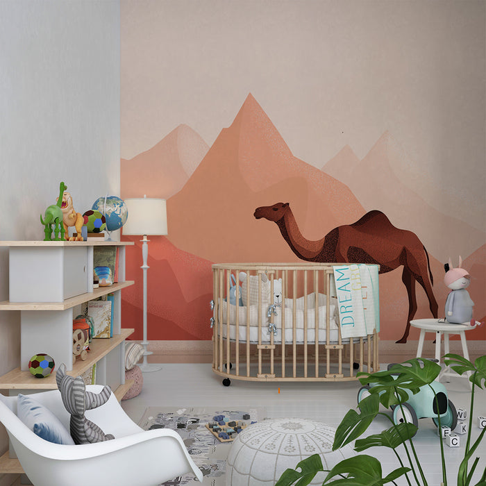 Papier peint chambre enfant | Chameau dans un paysage désertique aux teintes douces