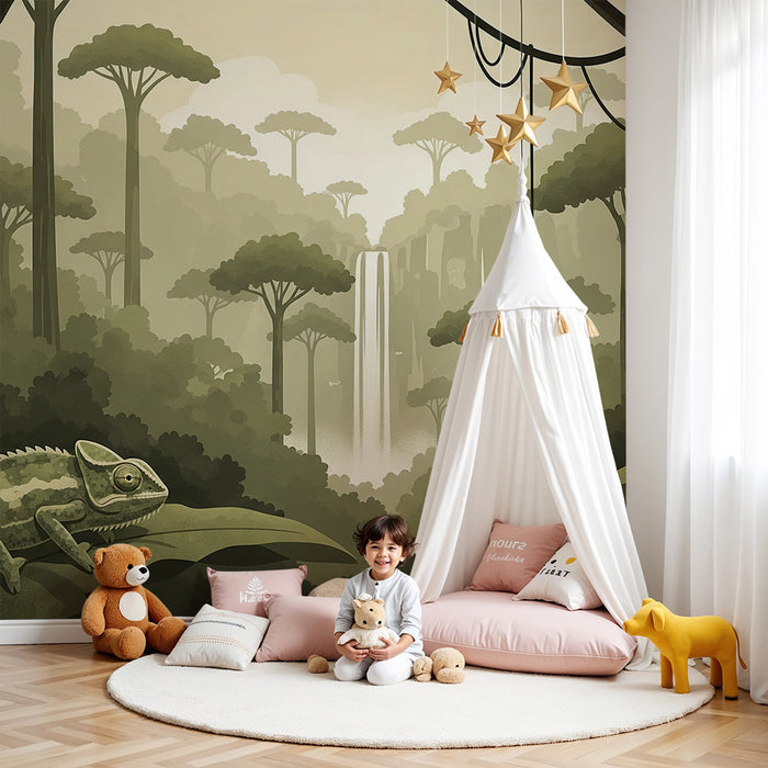 Kids' room wallpaper | Mysterious jungle and waterfall with chameleon