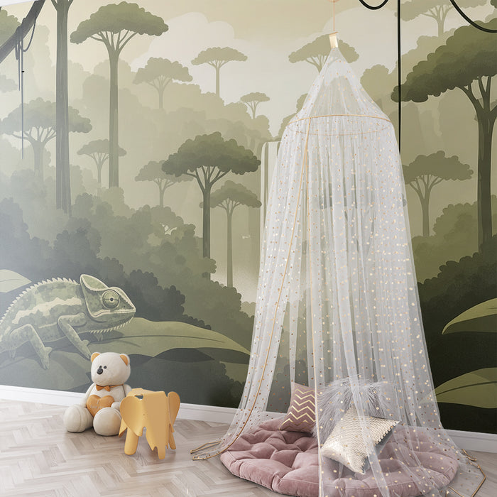 Kids' room wallpaper | Mysterious jungle and waterfall with chameleon