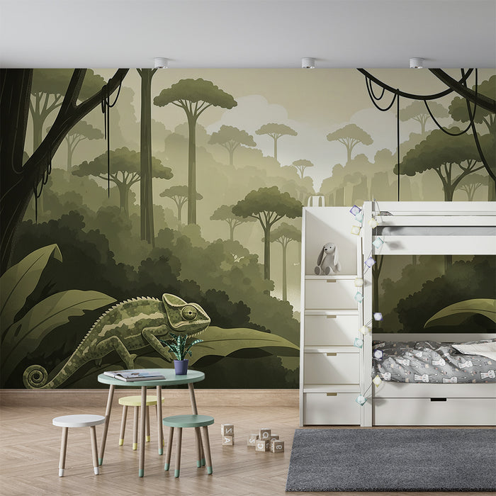 Kids' room wallpaper | Mysterious jungle and waterfall with chameleon