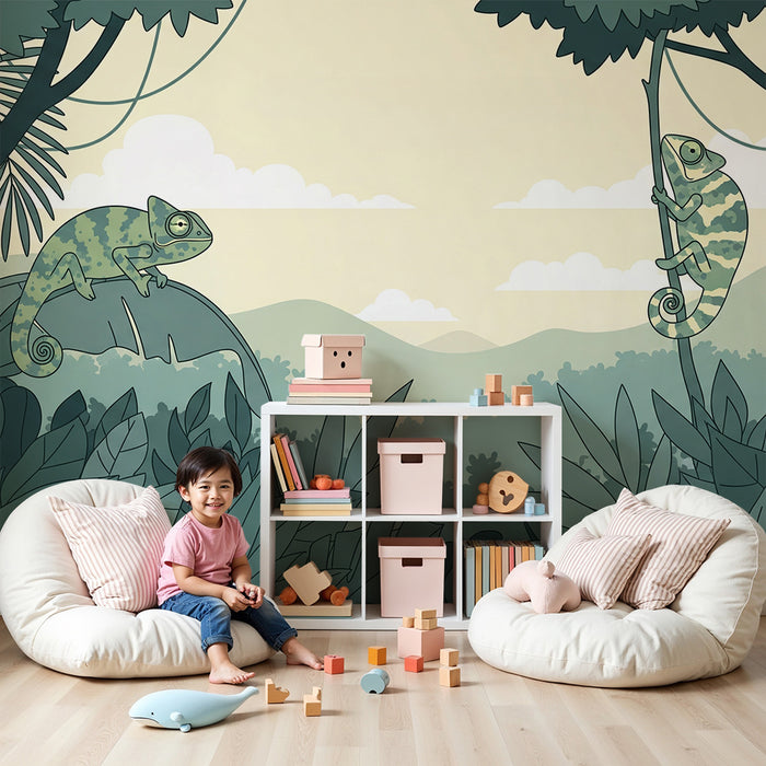 Papel pintado infantil | Camaleones coloridos en una jungla verde