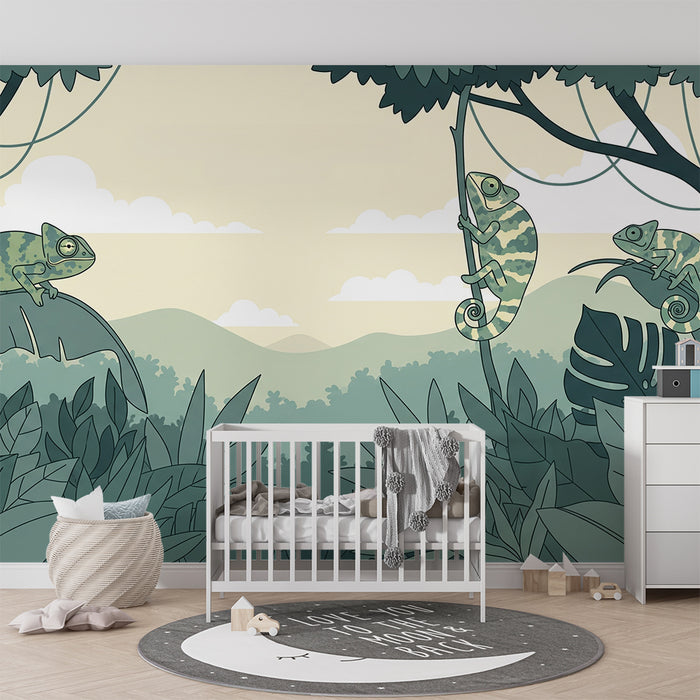 Papel pintado infantil | Camaleones coloridos en una jungla verde