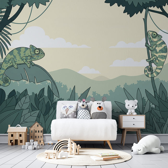 Papel pintado infantil | Camaleones coloridos en una jungla verde
