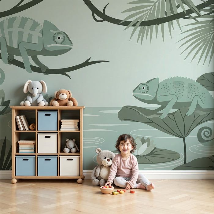 Papier peint chambre enfant | Chameleons dans un décor aquatique exotique