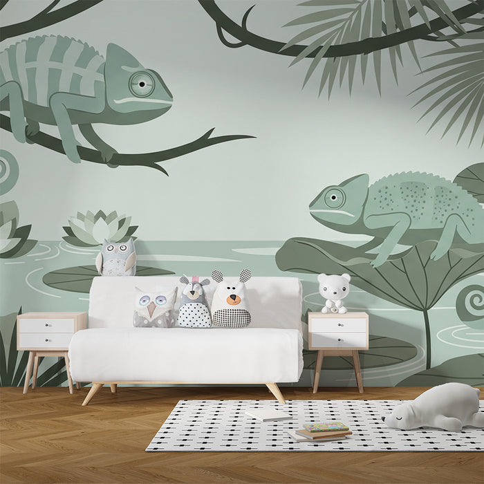 Papier peint chambre enfant | Chameleons dans un décor aquatique exotique