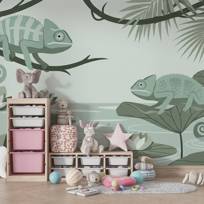 Papier peint chambre enfant | Chameleons dans un décor aquatique exotique