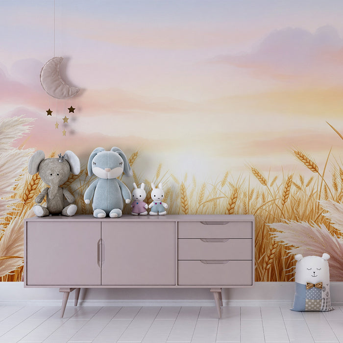 Carta da parati bambini | Campo di grano dorato sotto un cielo pastello