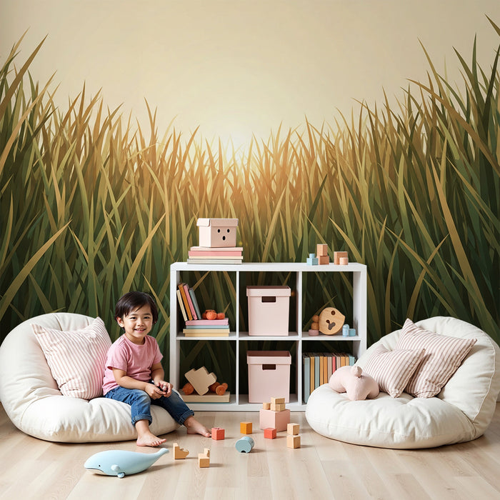 Papier peint chambre enfant | Champ de blé doré sous un soleil couchant