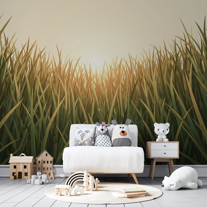 Papier peint chambre enfant | Champ de blé doré sous un soleil couchant