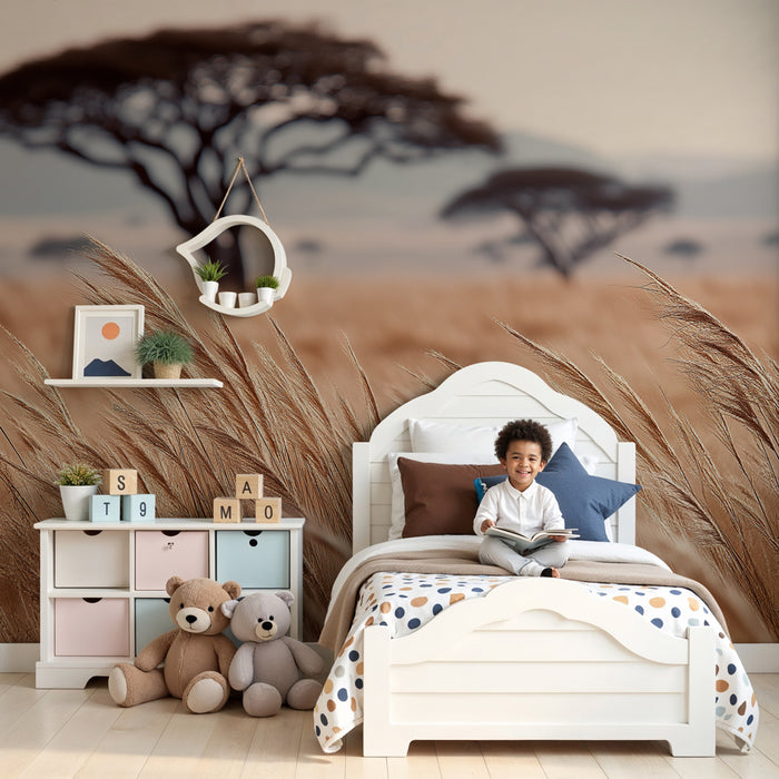 Kids room wallpaper | Wheat field under a pastel sky