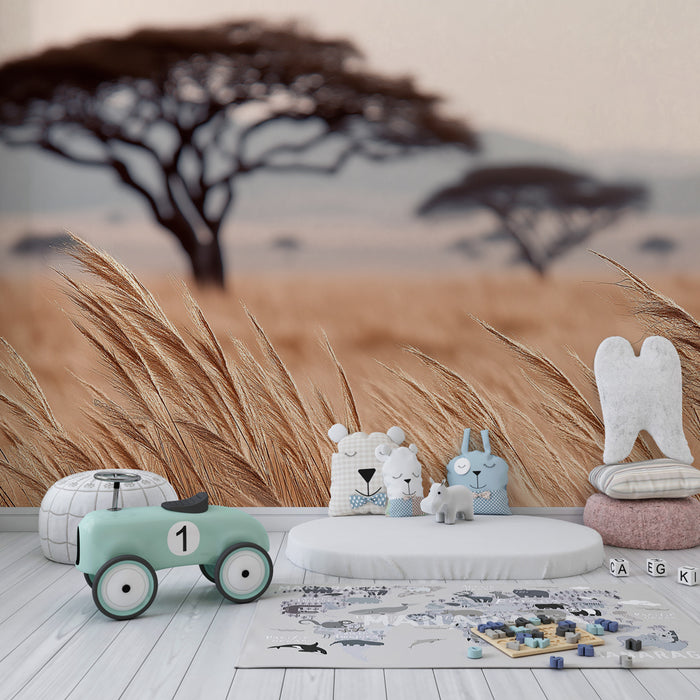 Kids room wallpaper | Wheat field under a pastel sky