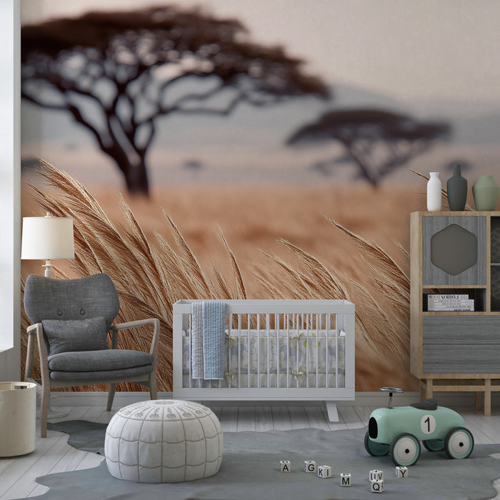 Kids room wallpaper | Wheat field under a pastel sky