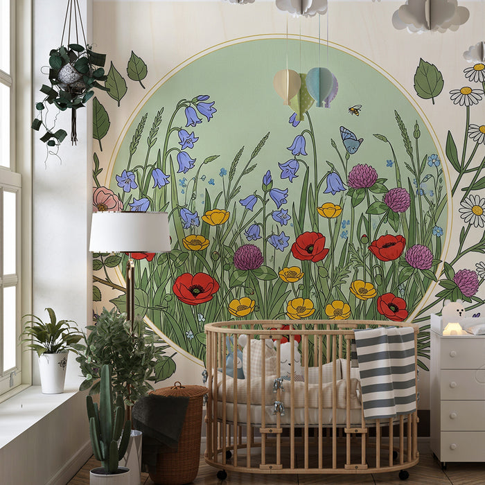 Børneværelse tapet | Farverige blomstermark med sommerfugle og bier