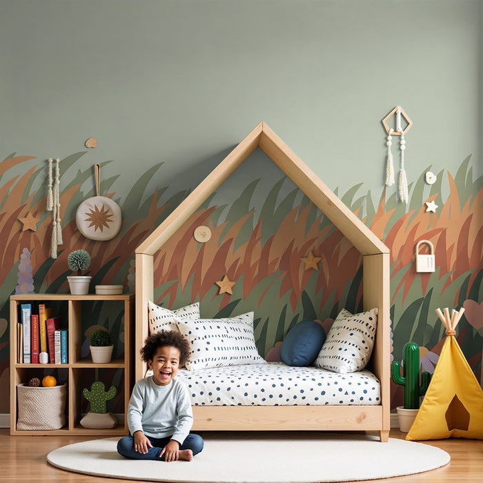 Kinderzimmer Tapete | Feld mit bunten Blumen und goldenem Gras