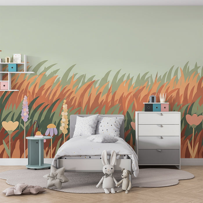 Kinderzimmer Tapete | Feld mit bunten Blumen und goldenem Gras