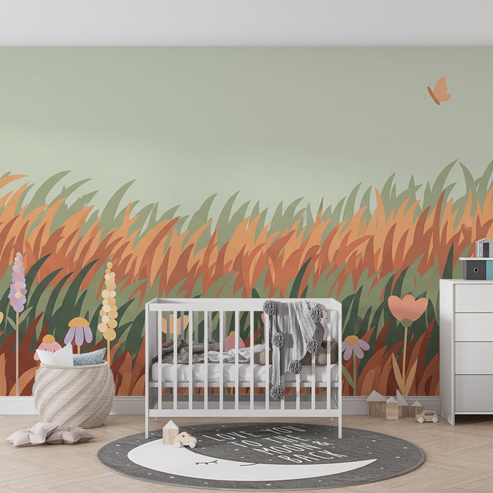 Kinderzimmer Tapete | Feld mit bunten Blumen und goldenem Gras