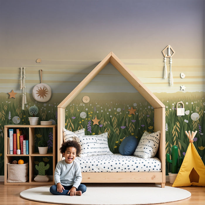 Kinderzimmer Tapete | Feld bunter Blumen unter einem Pastellhimmel