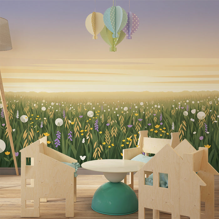 Kinderzimmer Tapete | Feld bunter Blumen unter einem Pastellhimmel