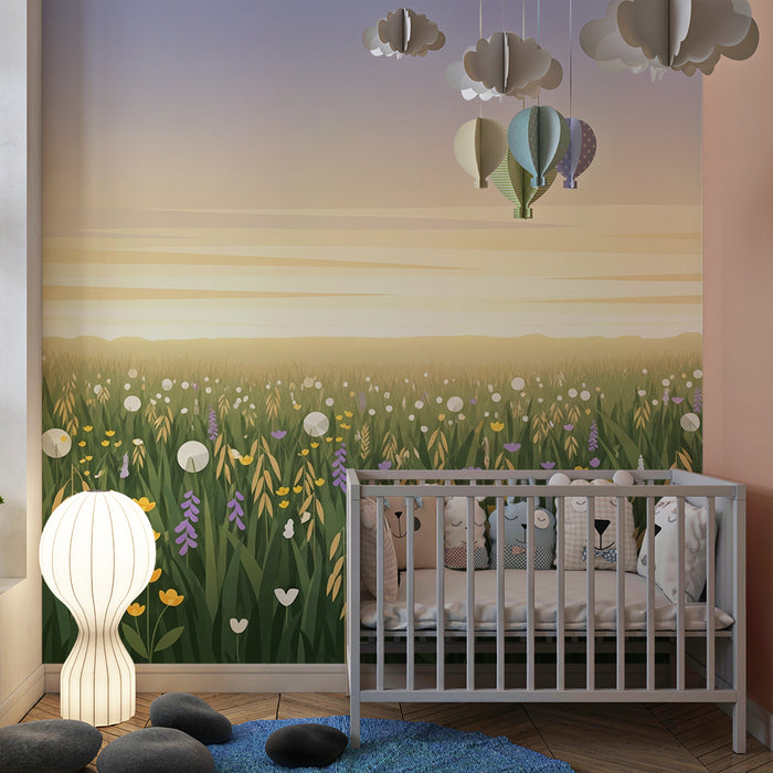 Kinderzimmer Tapete | Feld bunter Blumen unter einem Pastellhimmel
