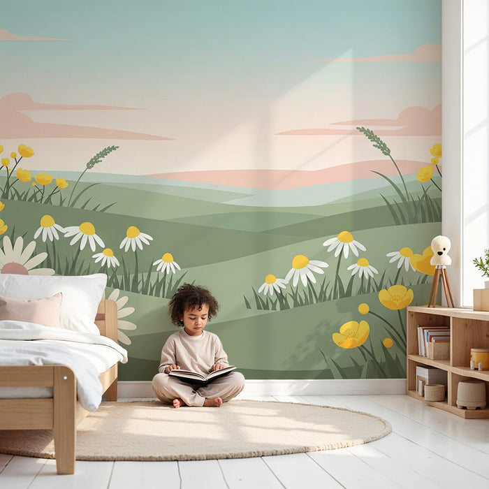 Kinderzimmer Tapete | Buntes Blumenfeld unter einem Pastellhimmel