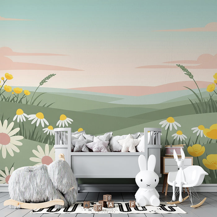 Kinderzimmer Tapete | Buntes Blumenfeld unter einem Pastellhimmel
