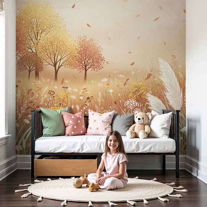 Kinderzimmer Tapete | Feld mit Blumen und Bäumen in Herbstfarben