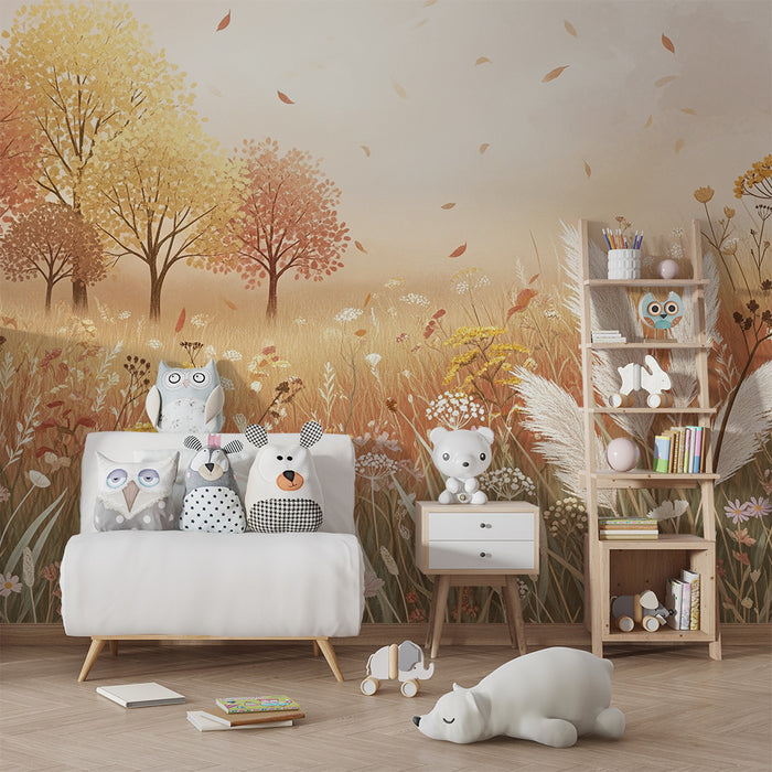 Kinderzimmer Tapete | Feld mit Blumen und Bäumen in Herbstfarben
