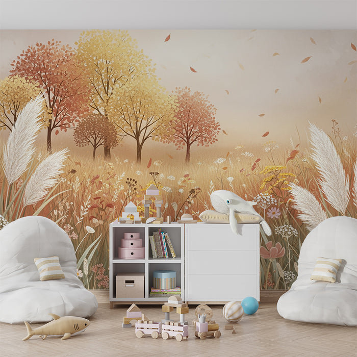 Kinderzimmer Tapete | Feld mit Blumen und Bäumen in Herbstfarben
