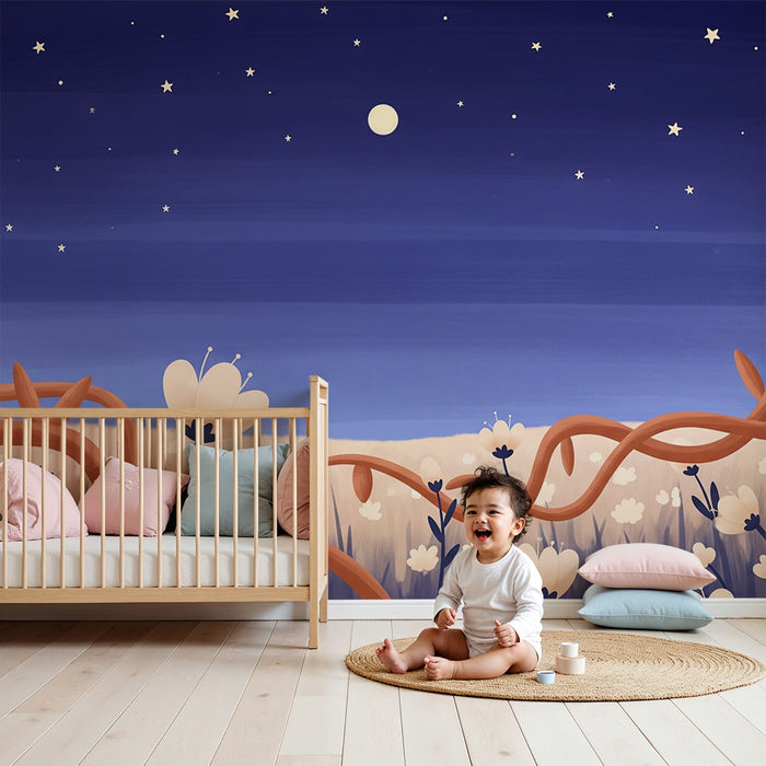 Kinderzimmer Tapete | Blumenfeld unter einem sternenklaren Himmel