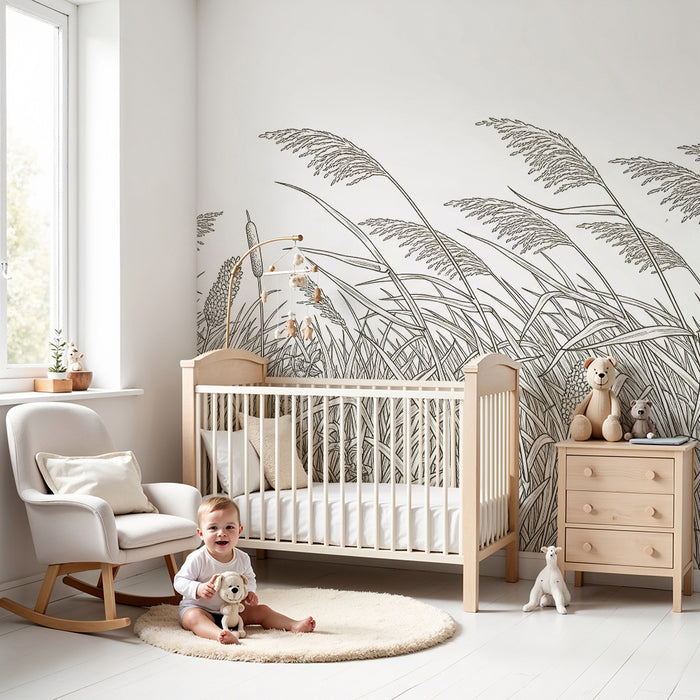Papier peint chambre enfant | Champ de graminées et fleurs délicates en monochrome