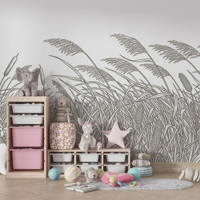 Papier peint chambre enfant | Champ de graminées et fleurs délicates en monochrome