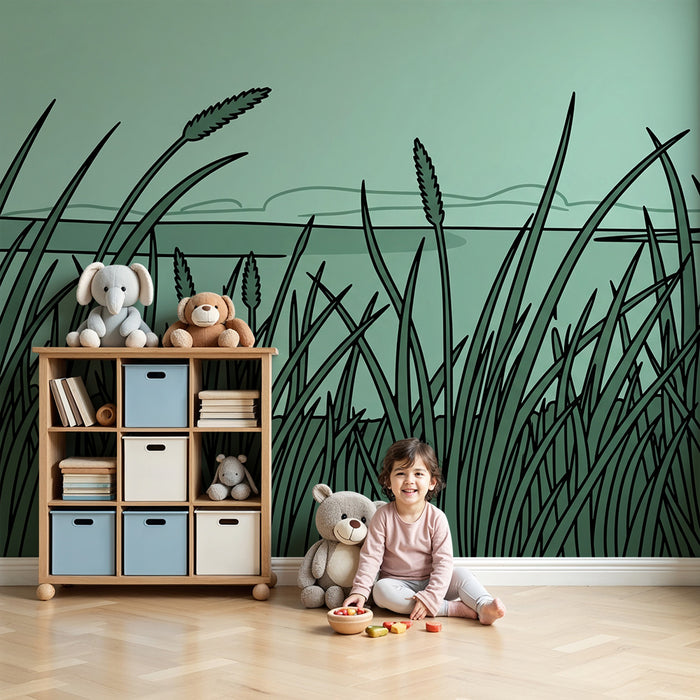 Barnetapet for barn | Rolig eng med gress og landskap